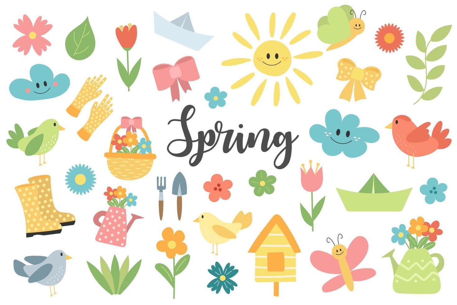 Collection of hand drawn spring items for bright design on white background. vector