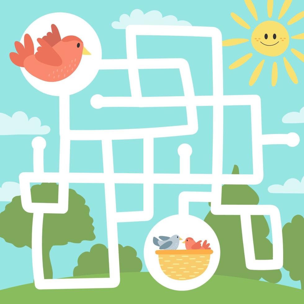 Maze game for children, education worksheet. Bird and nest with chicks vector