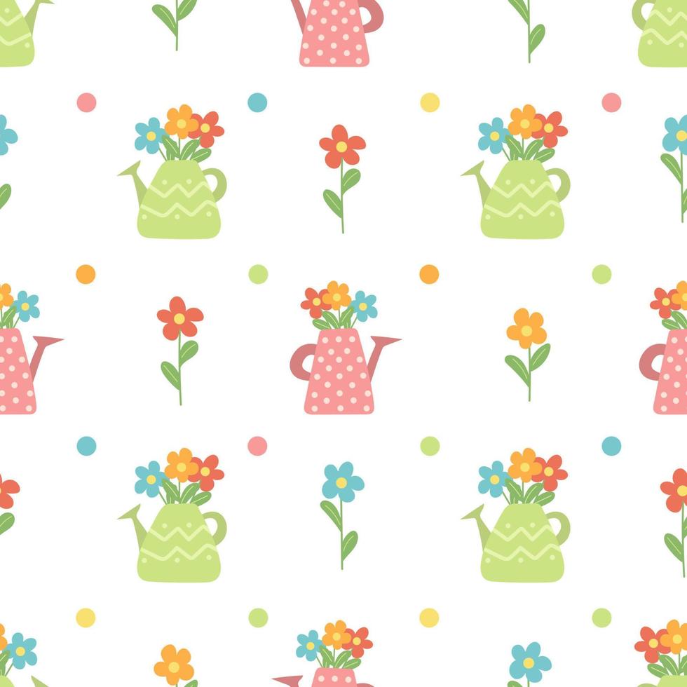 Spring seamless pattern. Garden watering cans with flowers. vector