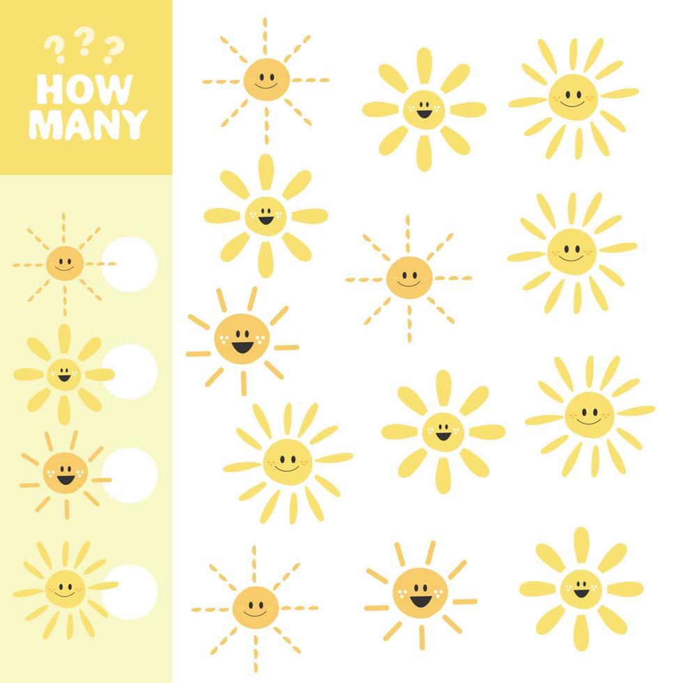 Counting game, how many Sun. Educational children game, printable worksheet vector