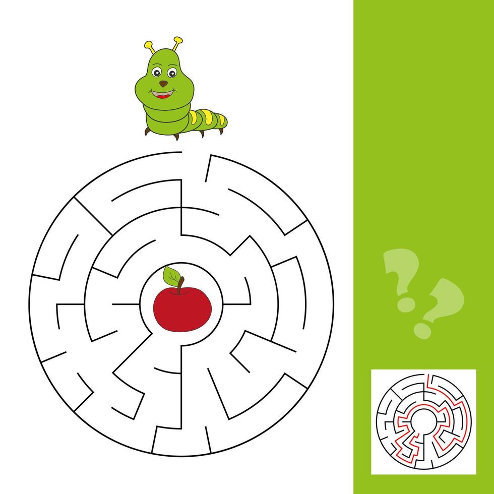 Maze puzzle for kids with caterpillar and apple. Labyrinth, solution included vector