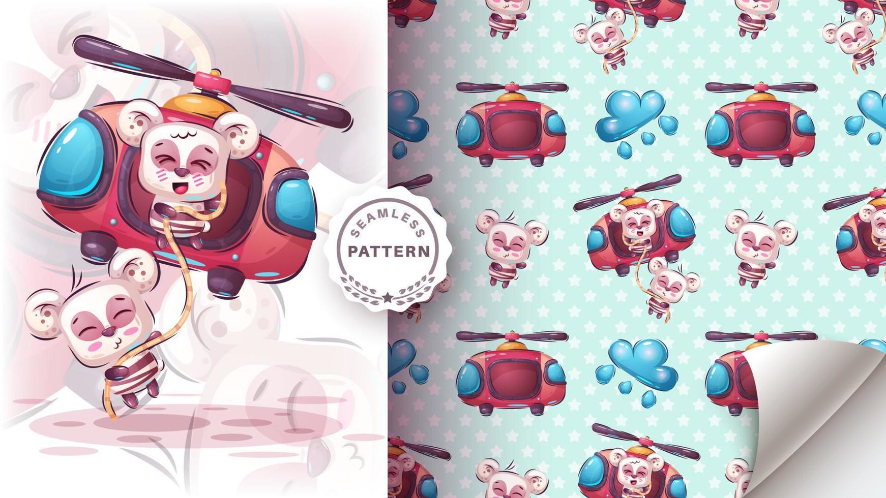 Cartoon character helicopter with bear - seamless pattern vector