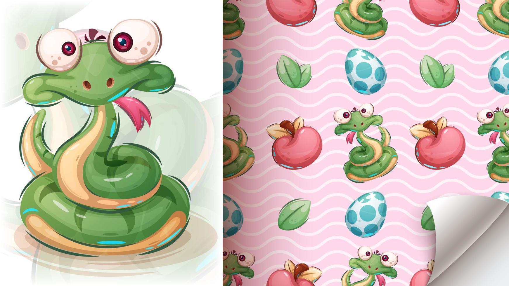 Cartoon character cute snake - seamless pattern vector