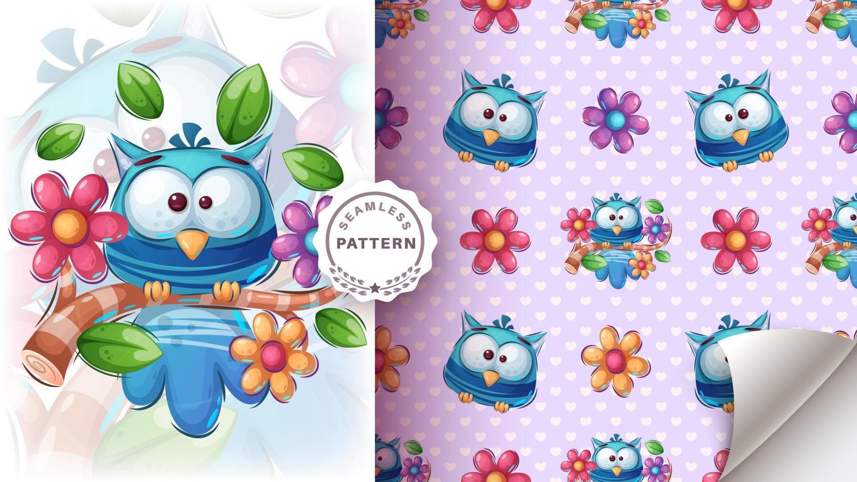 Cartoon character cute bird owl - seamless pattern vector