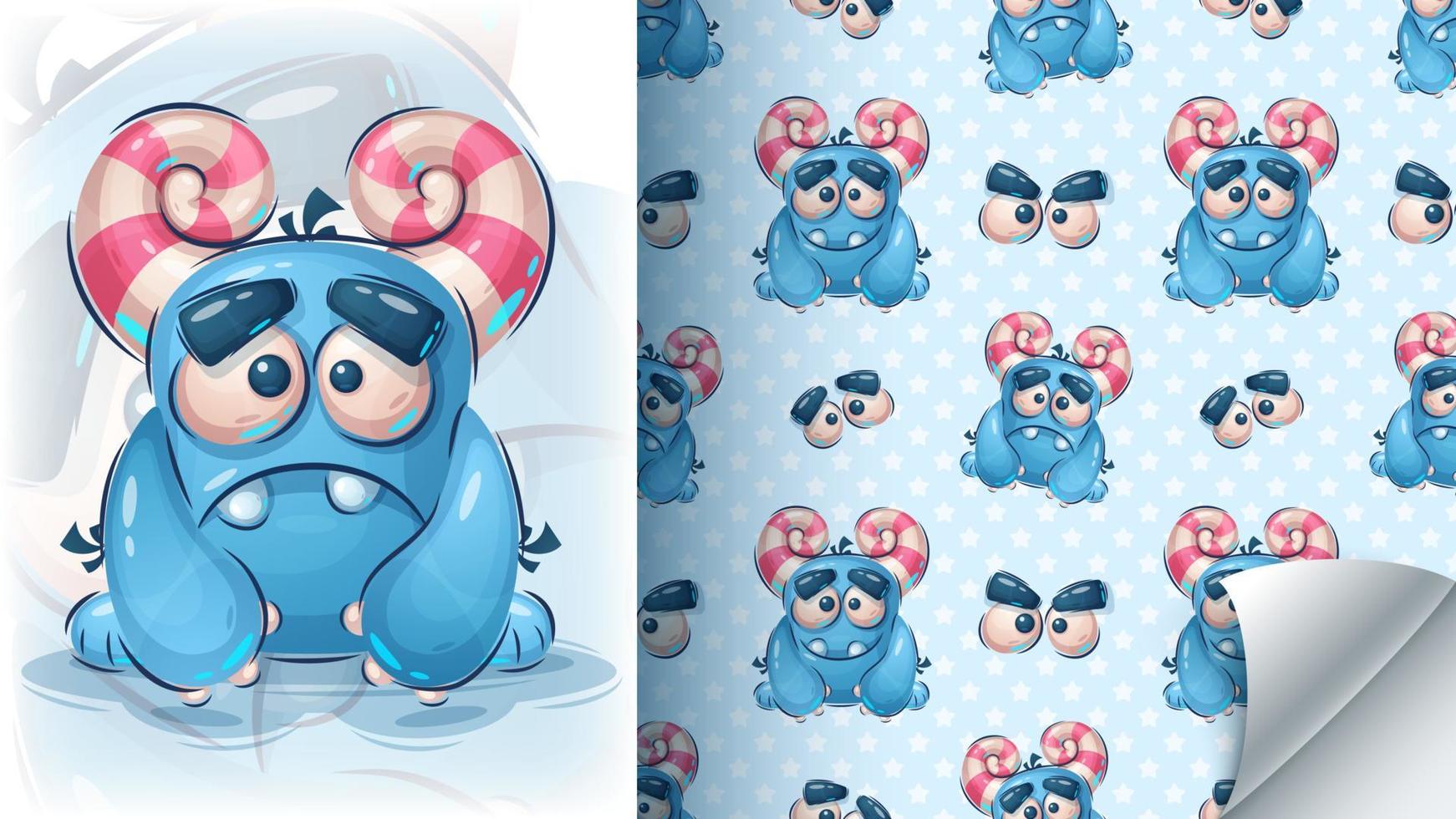Cartoon character blue monster - seamless pattern vector