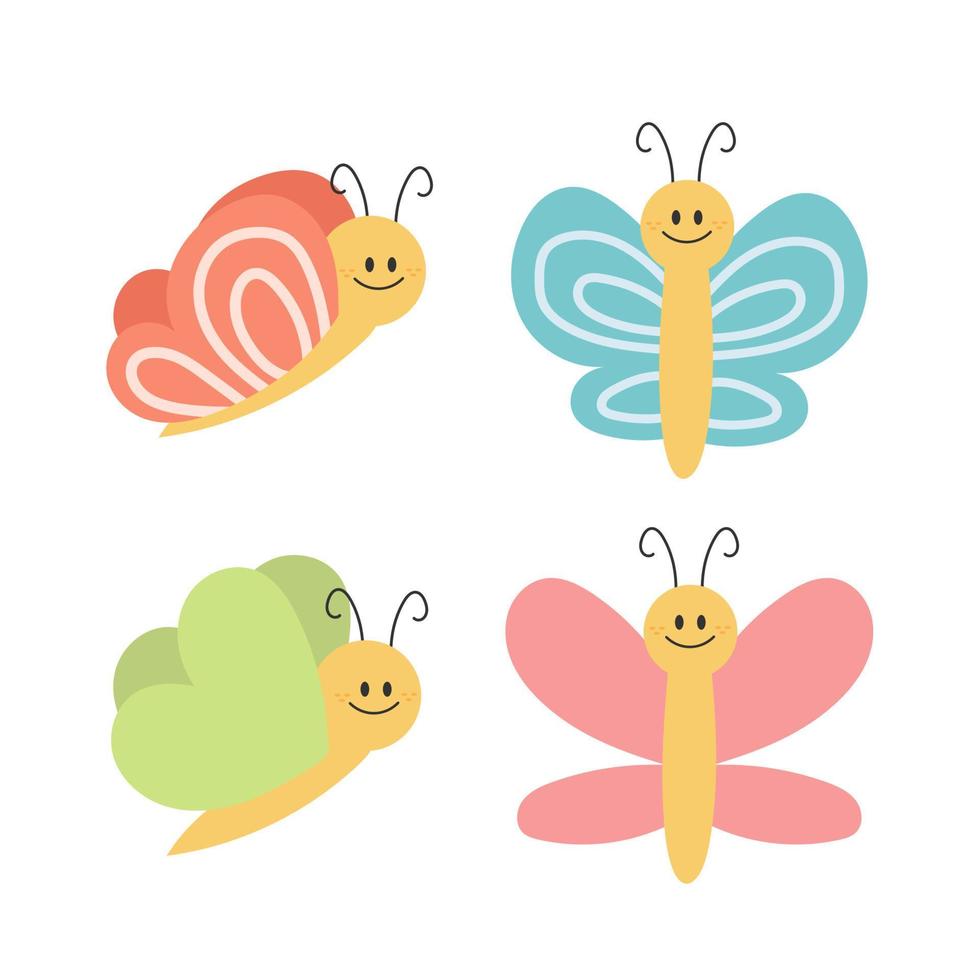 mariposa de dibujos animados lindo personaje sonriente para el diseño infantil. vector