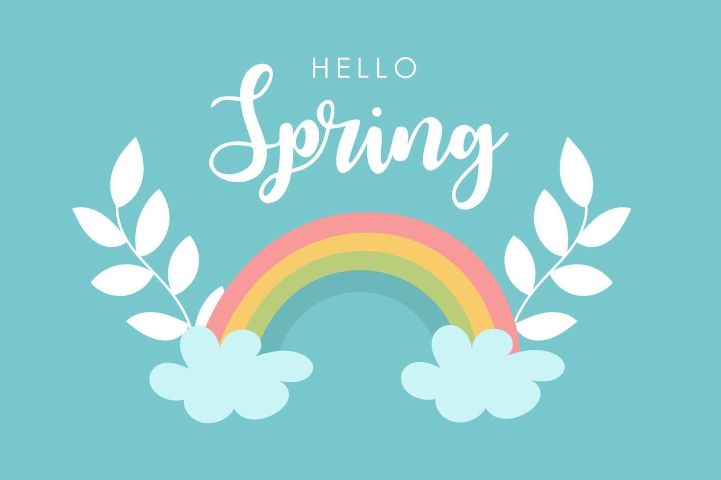 Hello spring card design. Rainbow on blue sky. Bright hand drawn greeting card vector