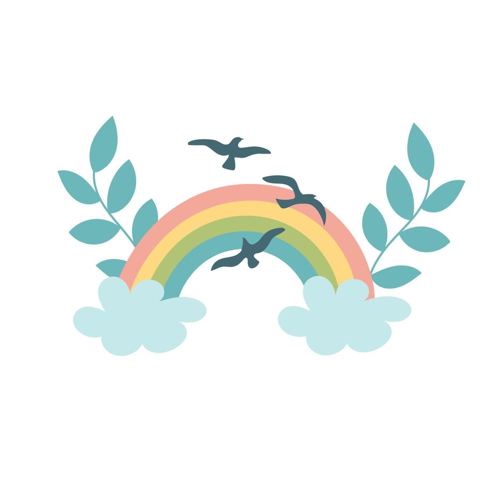 Vector baby rainbow illustration with birds. Hand drawn rainbow