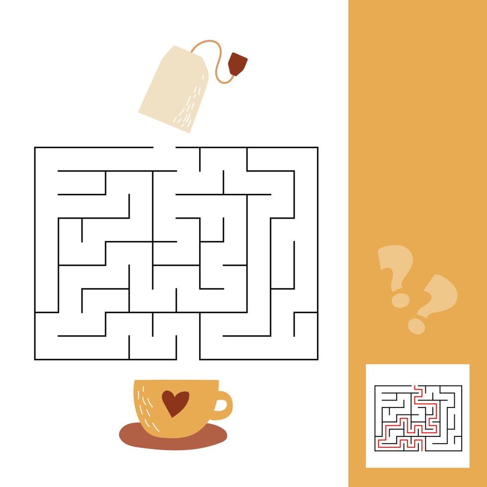 Cup and tea bag. Vector maze game with solution for preschool kids