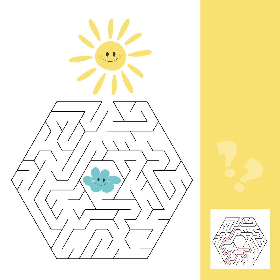 Sun and cloud, labyrinth maze for children. Search hidden way, educational game vector