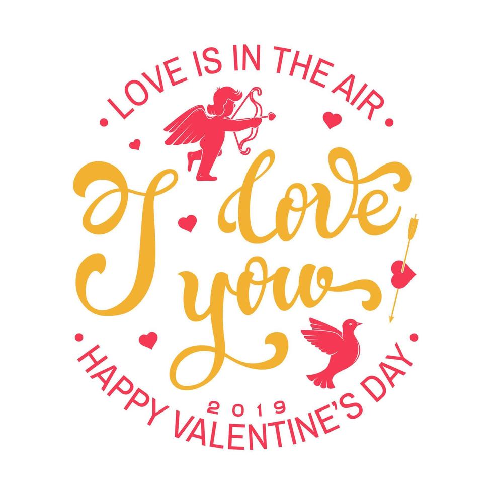 Happy Valentines Day. Stamp, badge, card with angel, birds and heart with arrows. Vector. Vintage typography design for invitations, Valentines Day romantic celebration emblem in retro style. vector