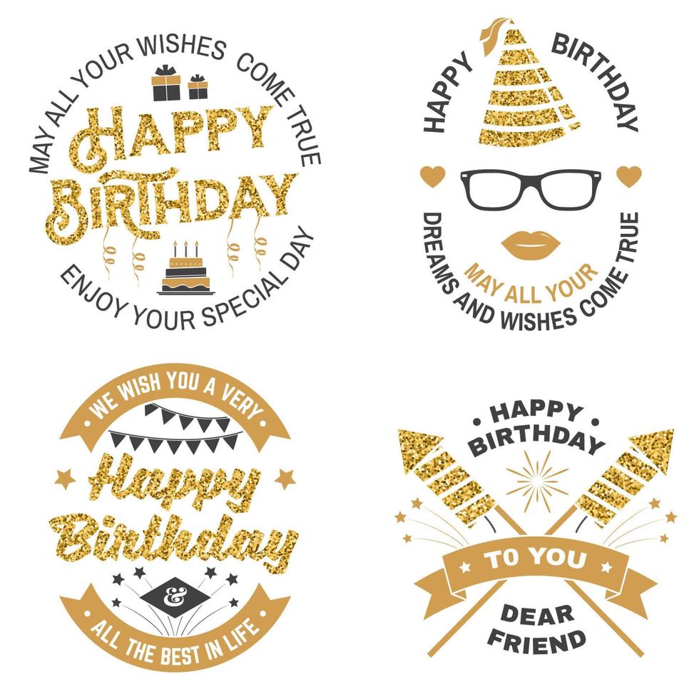 Set of Happy Birthday templates for overlay, badge, card with bunch of balloons, gifts, firework rockets and birthday cake with candles. Vector. Vintage design for birthday celebration vector