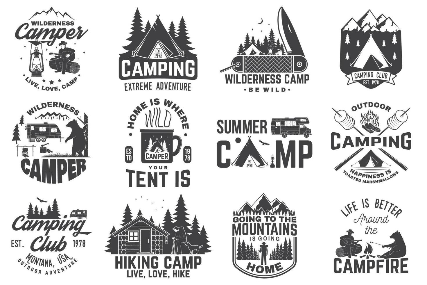 Summer camp. Vector illustration. Concept for shirt or patch, print, stamp. Vintage typography design with rv trailer, camping tent, campfire, bear, man with guitar and forest silhouette.