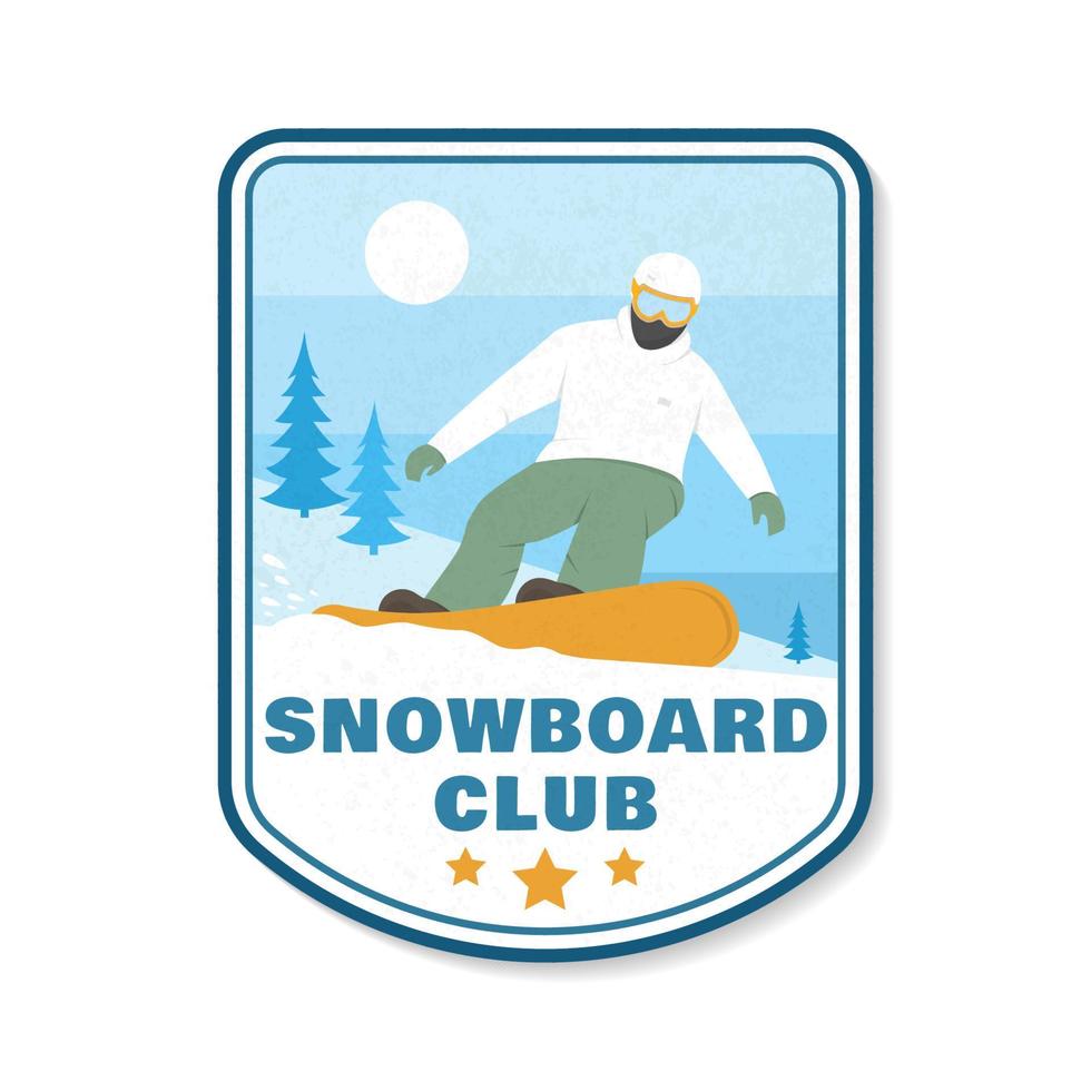 Snowboard Club patch. Vector. Concept for shirt, print, stamp, patch or tee. Vintage typography design with snowboard and mountain silhouette. Extreme sport. vector