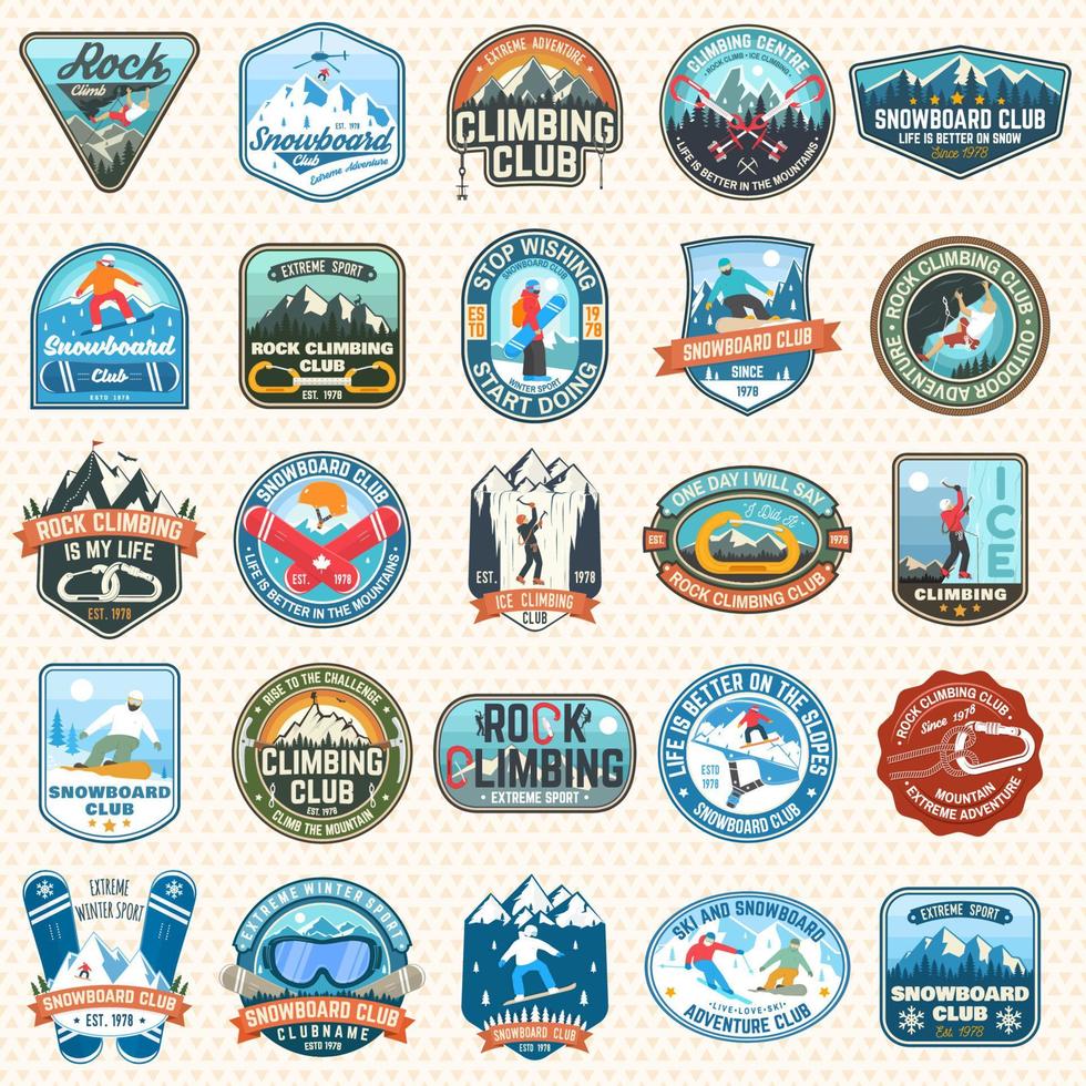 Set of Snowboarding and Rock Climbing club patches. Vector. Concept for patch, shirt, print, stamp. Vintage typography design with snowboarder, climber and mountain silhouette. Extreme sport. vector