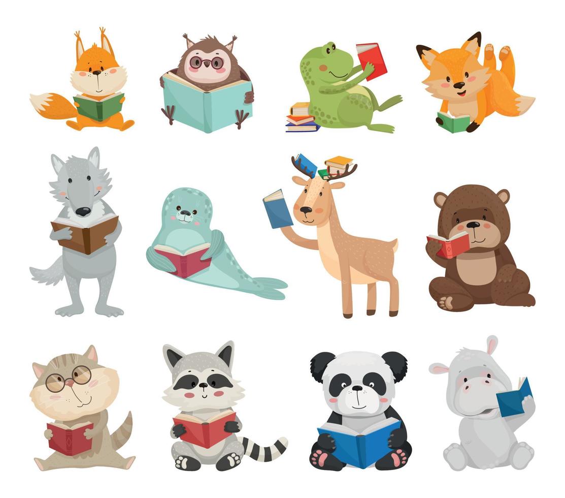 conjunto de lindos animales con libros vector