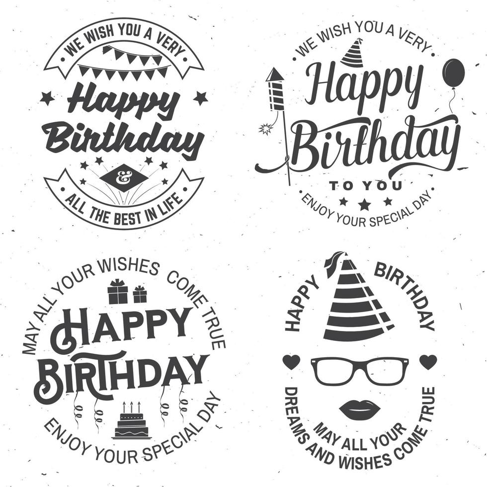 conjunto de plantillas de feliz cumpleaños para superposición, insignia, tarjeta con un montón de globos, regalos, cohetes de fuegos artificiales y pastel de cumpleaños con velas. vector. diseño vintage para celebración de cumpleaños vector