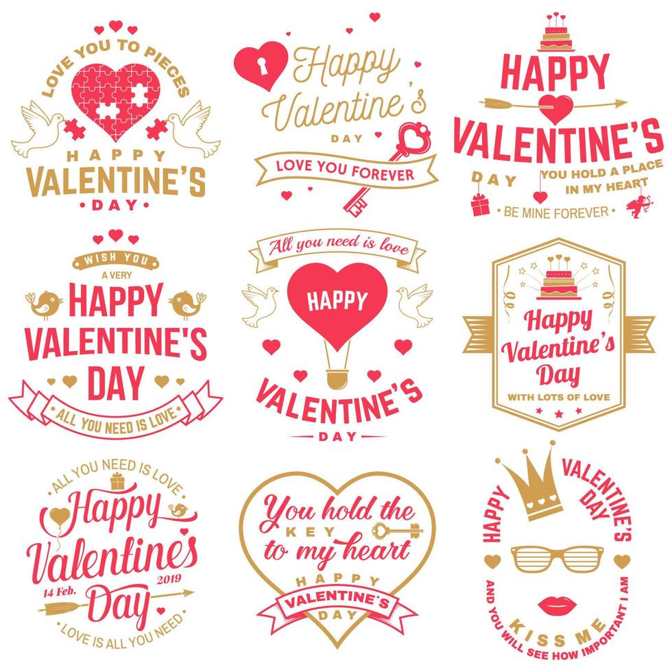 conjunto de signo de feliz día de san valentín. sello, tarjeta con llave, pájaro, amur, flecha, corazón. vector. diseño de tipografía vintage para invitaciones, emblema de celebración romántica del día de san valentín en estilo retro. vector