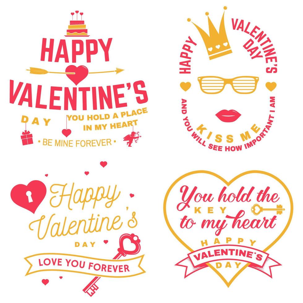 Set of Happy Valentines Day sign. Stamp, card with key, bird, amur, arrow, heart. Vector. Vintage typography design for invitations, Valentines Day romantic celebration emblem in retro style. vector