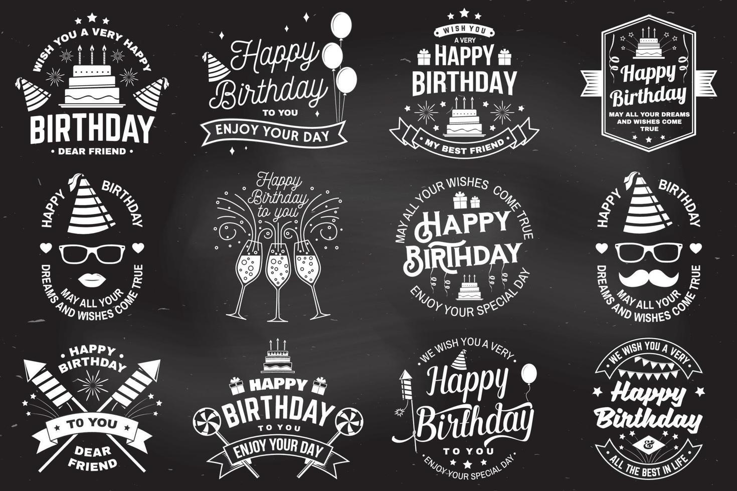 Set of Happy Birthday templates for overlay, badge, card with bunch of balloons, gifts, firework rockets and birthday cake with candles. Vector. Vintage design for birthday celebration vector