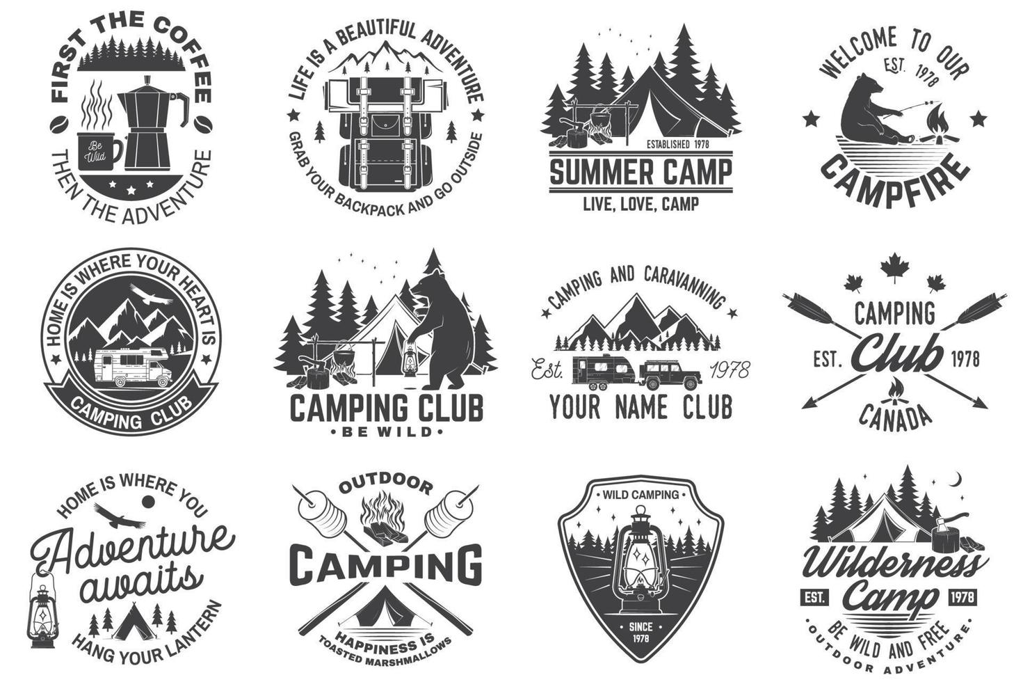 Summer camp. Vector. Concept for shirt or patch, print, stamp. Vintage typography design with rv trailer, camping tent, campfire, bear, coffee maker, pocket knife and forest silhouette. vector