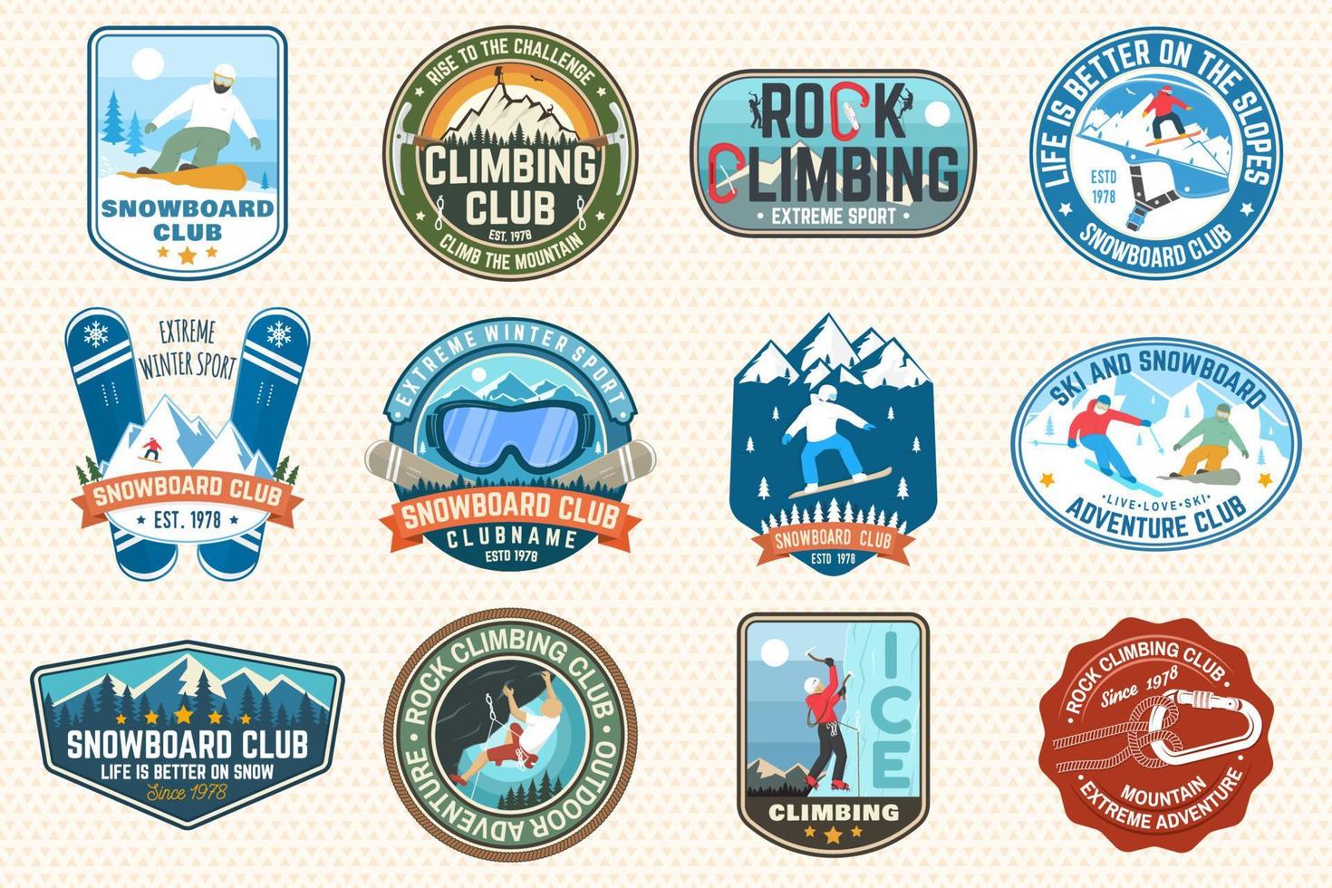 Set of Snowboarding and Rock Climbing club patches. Vector. Concept for patch, shirt, print, stamp. Vintage typography design with snowboarder, climber and mountain silhouette. Extreme sport. vector