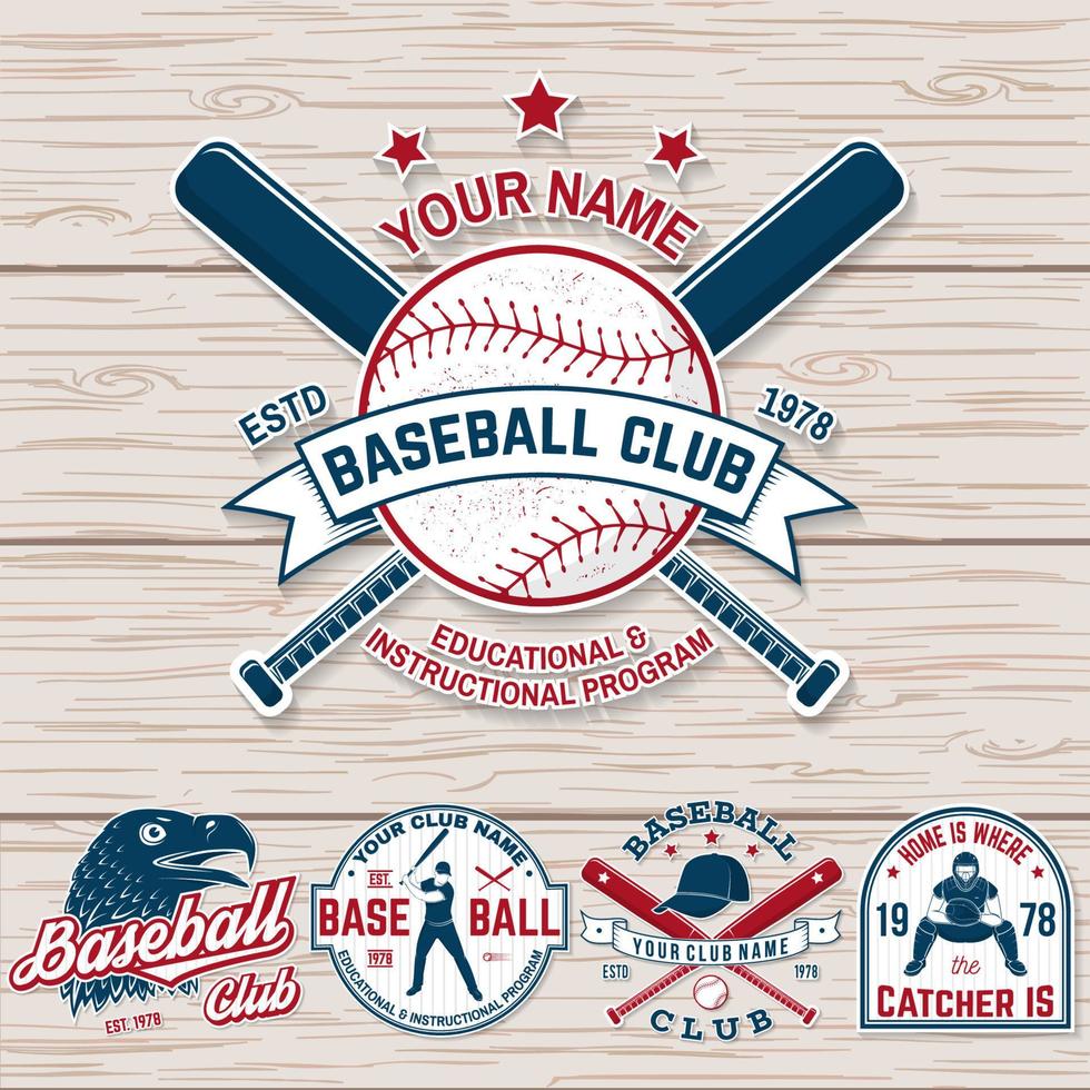 Set of baseball or softball club badge. Vector. Concept for shirt or logo, print, patch, stamp. Vintage typography design with baseball bats, batter hitting ball and ball for baseball silhouette. vector