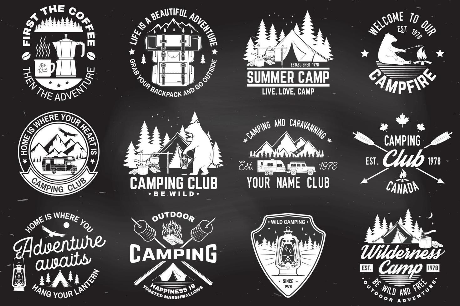 Summer camp. Vector. Concept for shirt or patch, print, stamp. Vintage typography design with rv trailer, camping tent, campfire, bear, coffee maker, pocket knife and forest silhouette. vector
