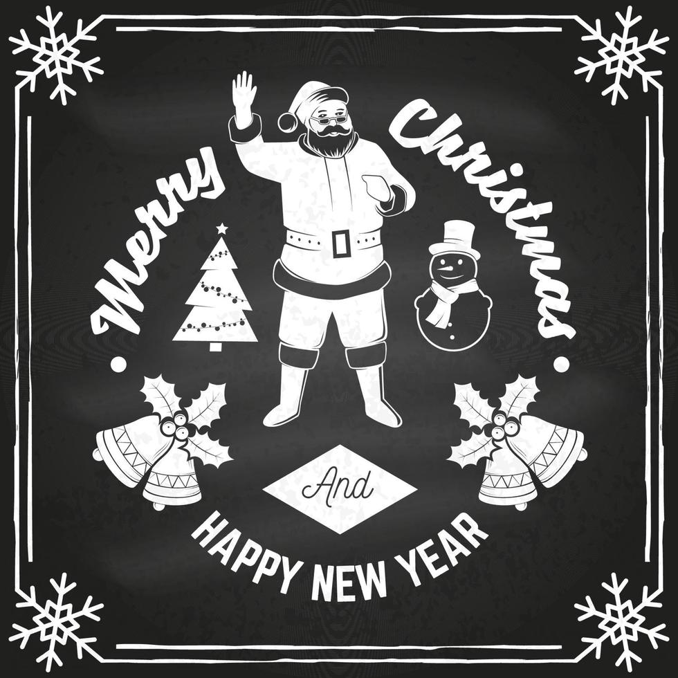 Merry Christmas and Happy New Year 2018 retro template with Santa Claus. Vector on the chalkboard. Xmas design for congratulation cards, invitations, banners and flyers.