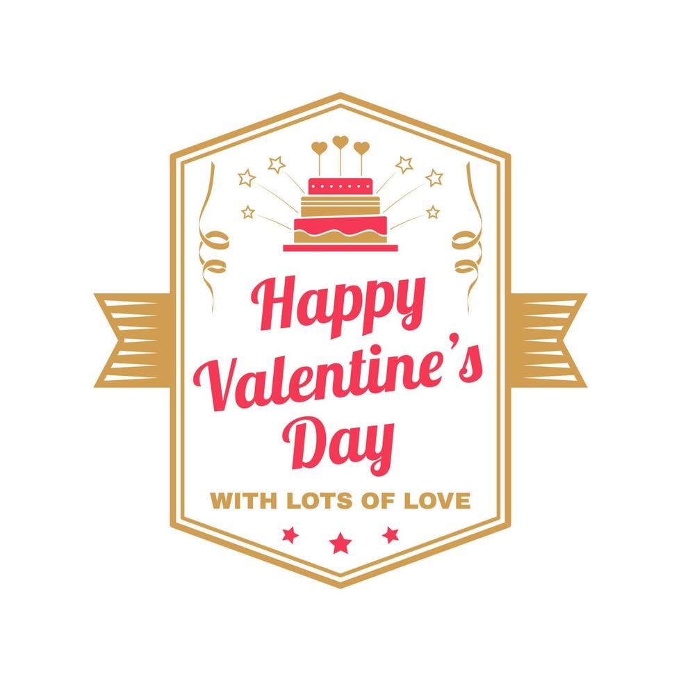 Happy Valentines Day. With lots of love. Stamp,  badge, card with cake, firework, serpentine. Vector. Vintage typography design. Valentines Day romantic celebration emblem in retro style vector