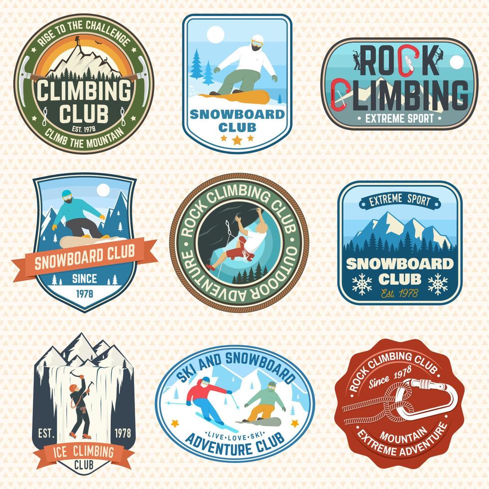 Set of Snowboarding and Rock Climbing club patches. Vector. Concept for patch, shirt, print, stamp. Vintage typography design with snowboarder, climber and mountain silhouette. Extreme sport. vector