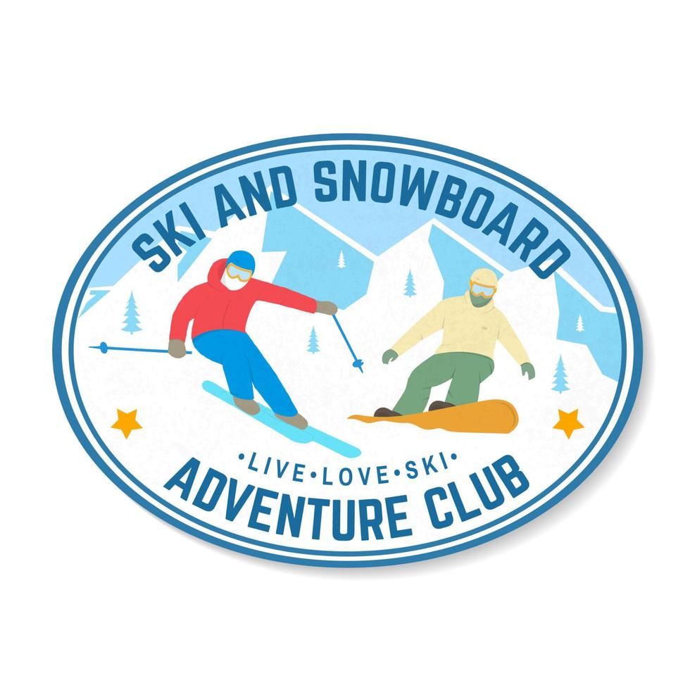 Club de esquí y snowboard. ilustración vectorial concepto para camisa, estampado, sello, placa. diseño de tipografía vintage con silueta de snowboarder y esquiador. deporte extremo de invierno. vector