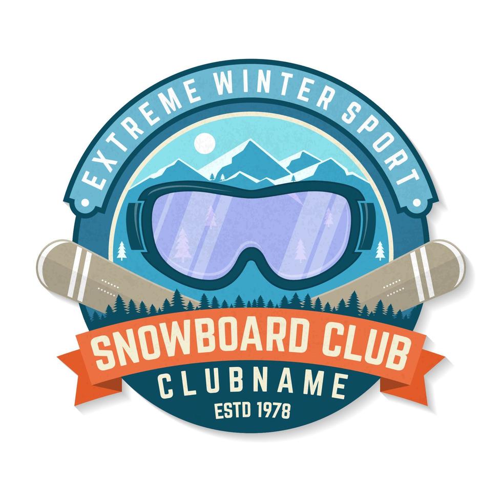 Snowboard Club patch. Vector. Concept for shirt , print, stamp, patch or tee. Vintage typography design with mountains and snowboard goggles silhouette. Extreme winter sport. vector