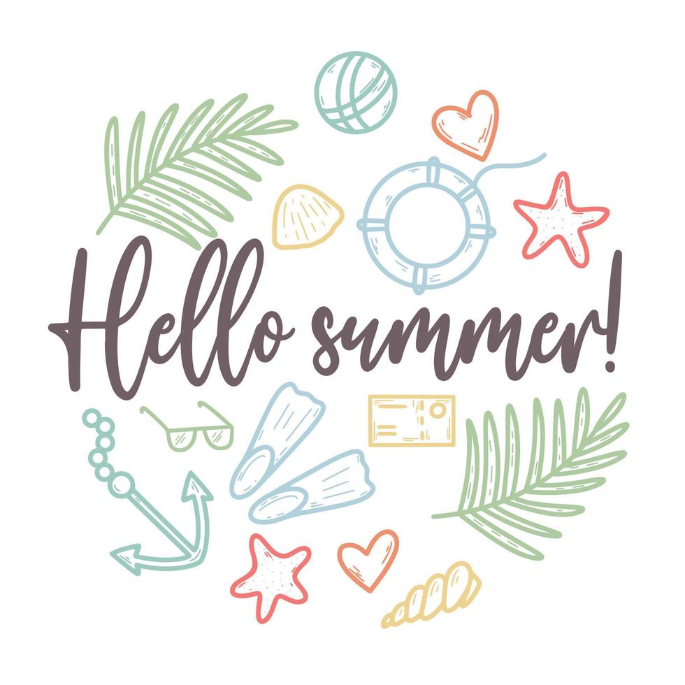 Hello summer postcard in doodle style vector