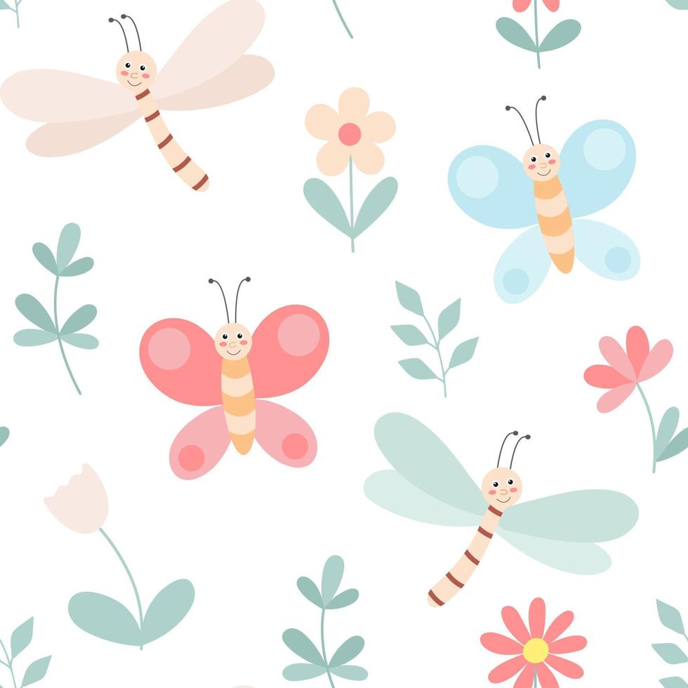 Butterflies dragonflies and flowers seamless baby pattern vector