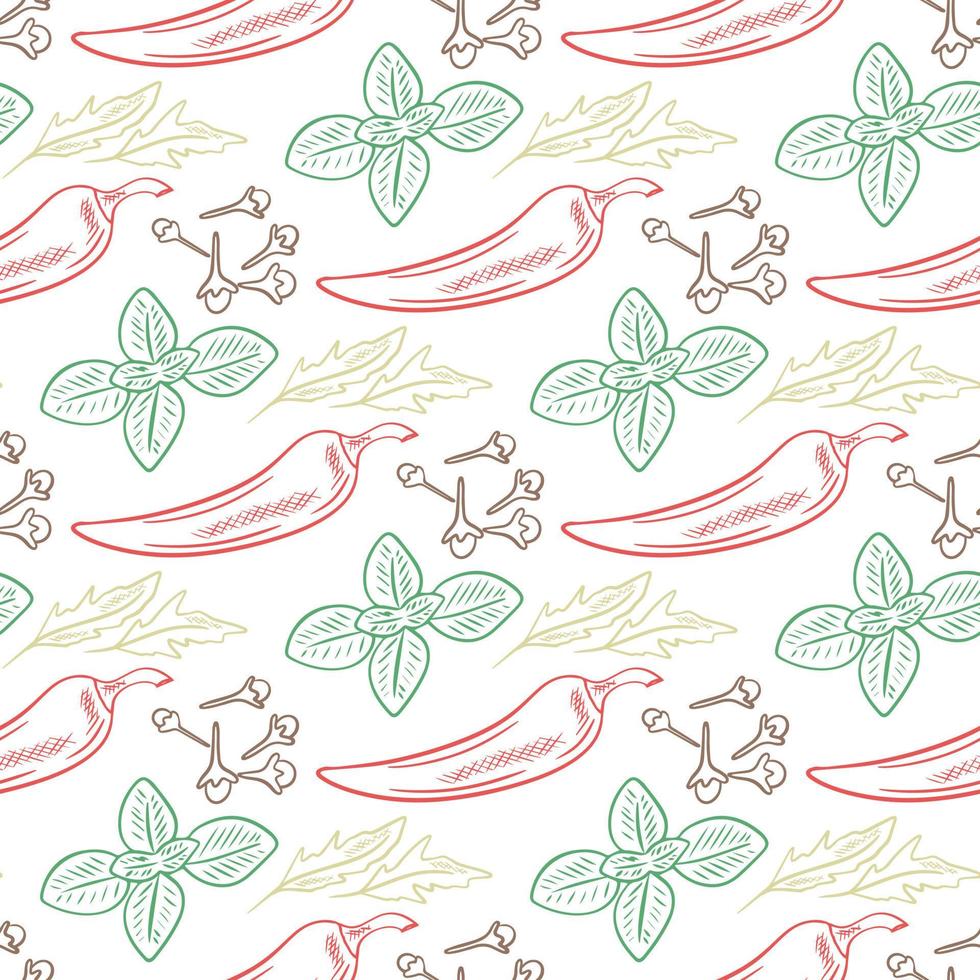 Spices, herbs and greenery hand engraved seamless pattern vector