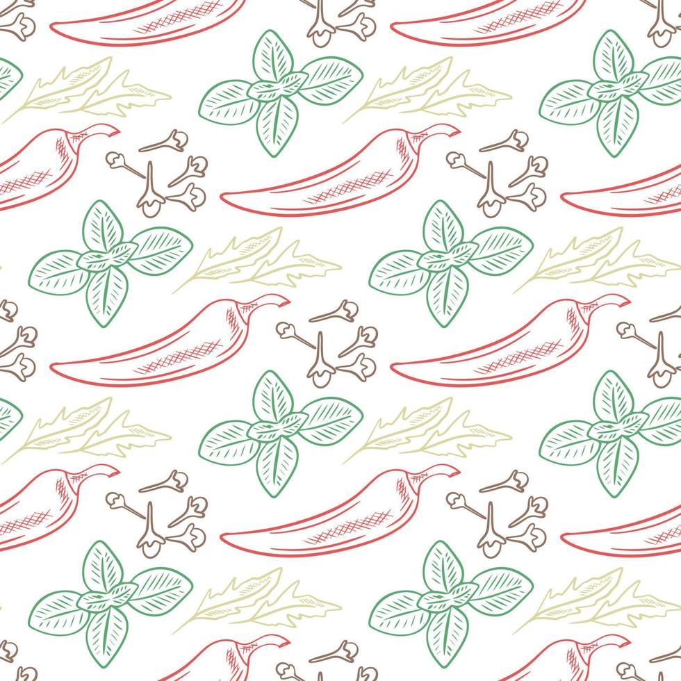 Spices, herbs and greenery hand engraved seamless pattern vector