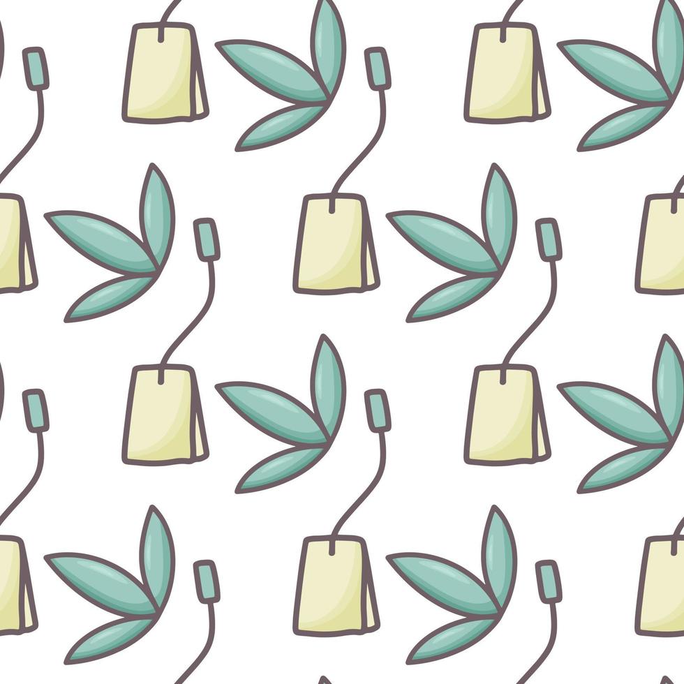 Green tea leaves and tea bags seamless vector pattern