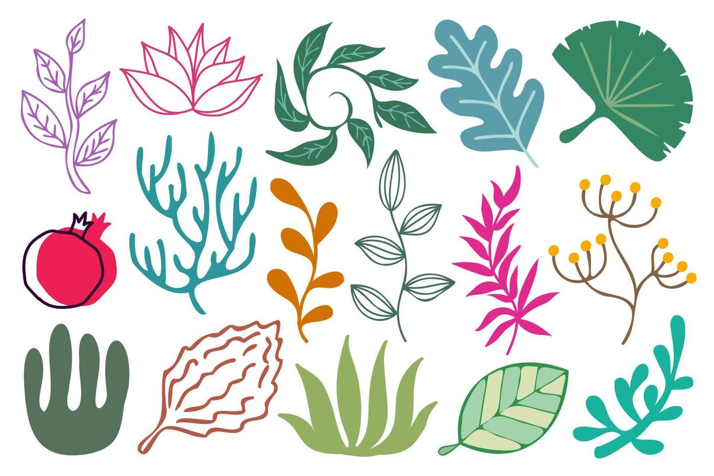 Branches and leaves set. Collection of botanical design elements branches and leaves. Colorful foliage, plant decorations set, vector illustration.