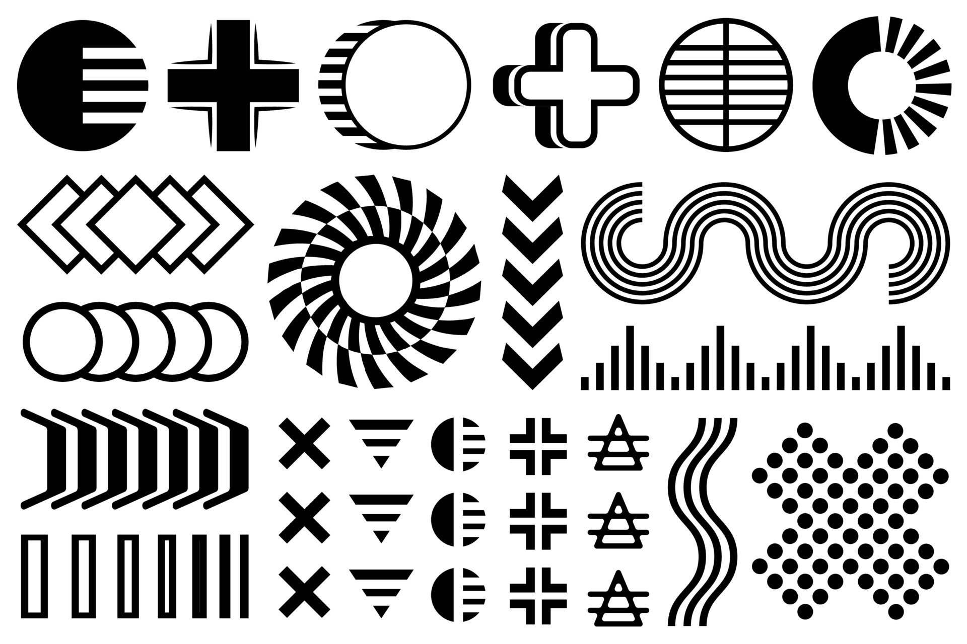 Black and white Memphis design elements, abstract vector shapes, flat