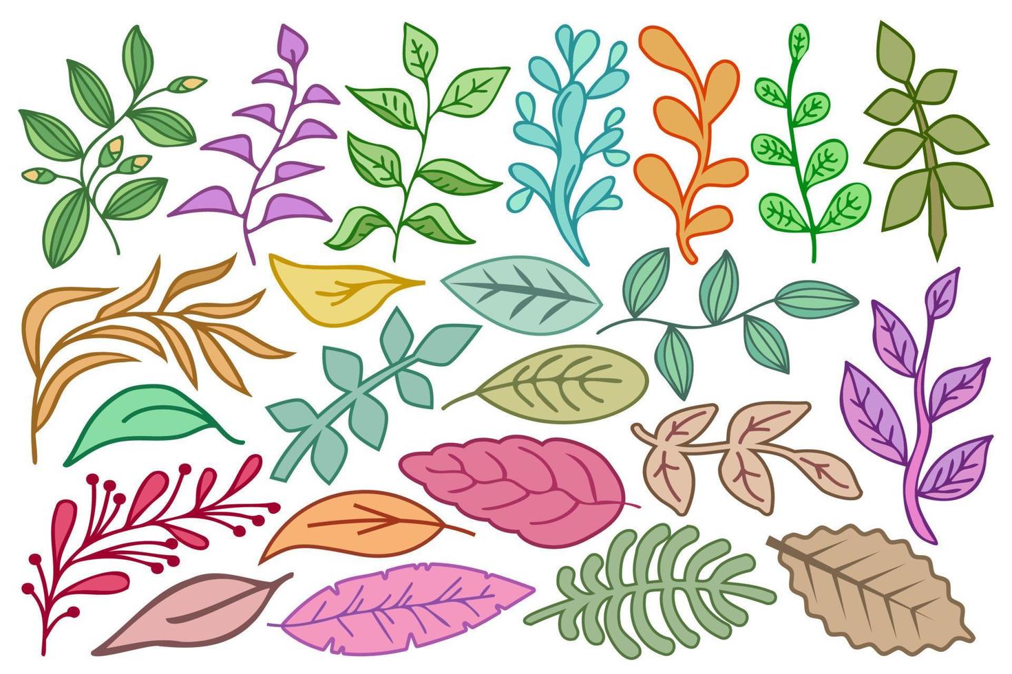 Branches and leaves set. Collection of botanical design elements branches and leaves. Colorful foliage, plant decorations set, vector illustration.