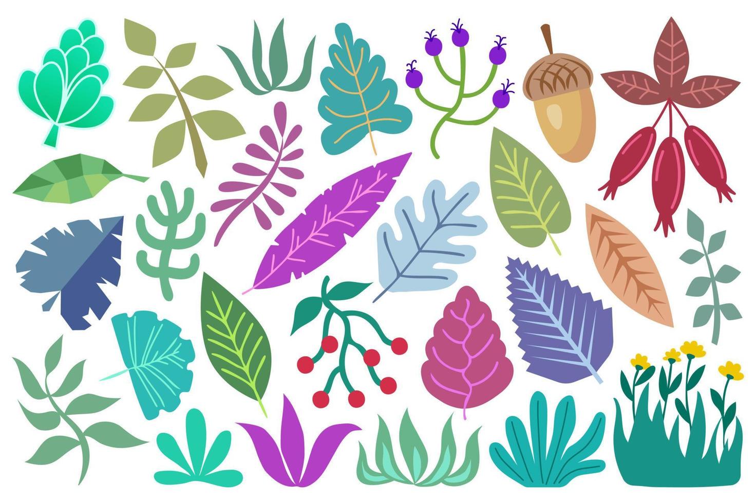 colección de hojas y plantas. conjunto botánico con elementos de diseño de plantas aislados sobre fondo blanco. coloridas hojas estilizadas, ramas, plantas, elementos decorativos de diseño abstracto, vector