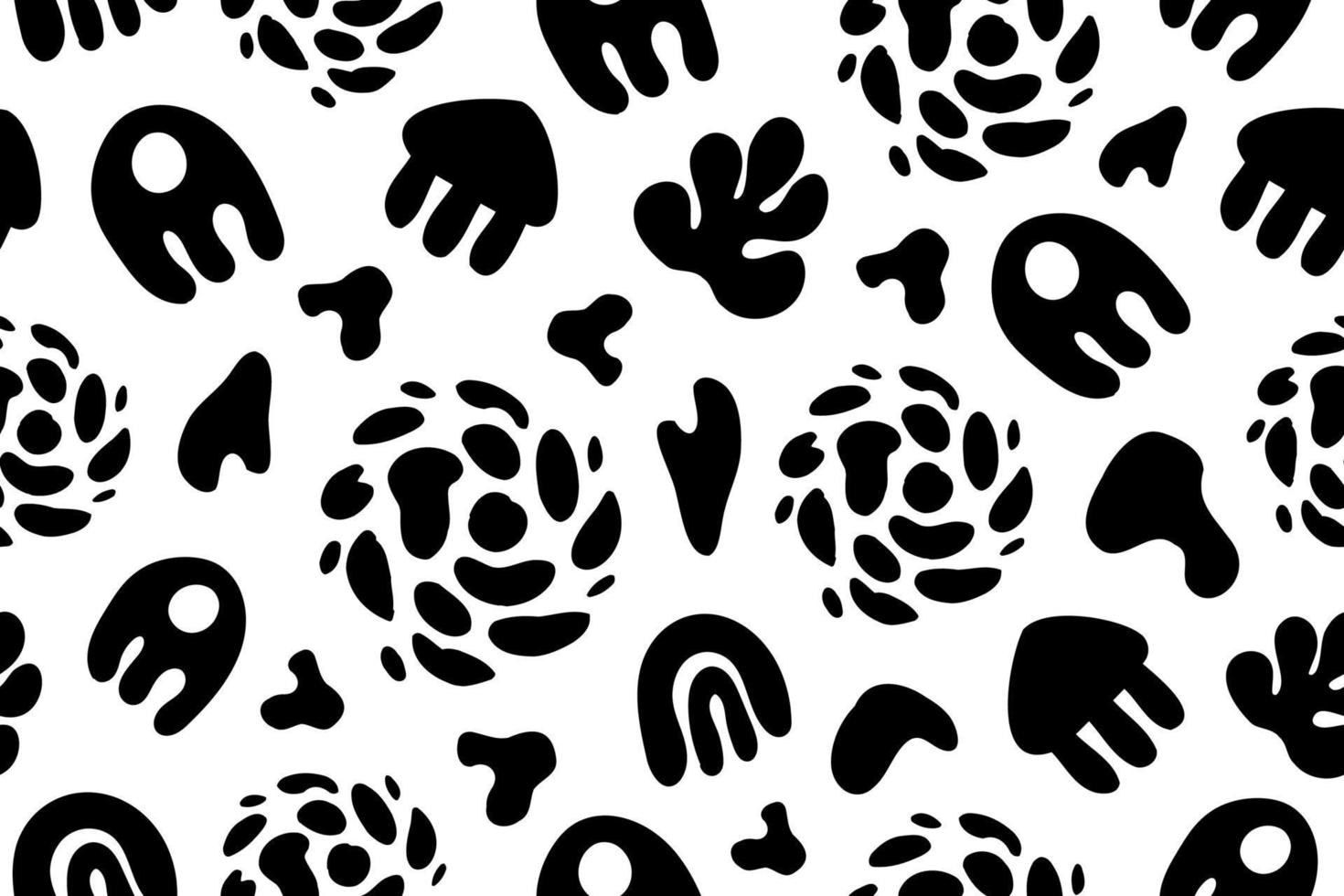 Black and white pattern with abstract shapes. Flat black organic shapes and figures, blobs, splats amoebas, repeating seamless vector pattern.