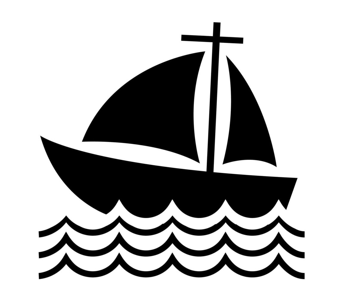 Boat on the waves black and white illustration. Black ship isolated on white background. vector illustration.