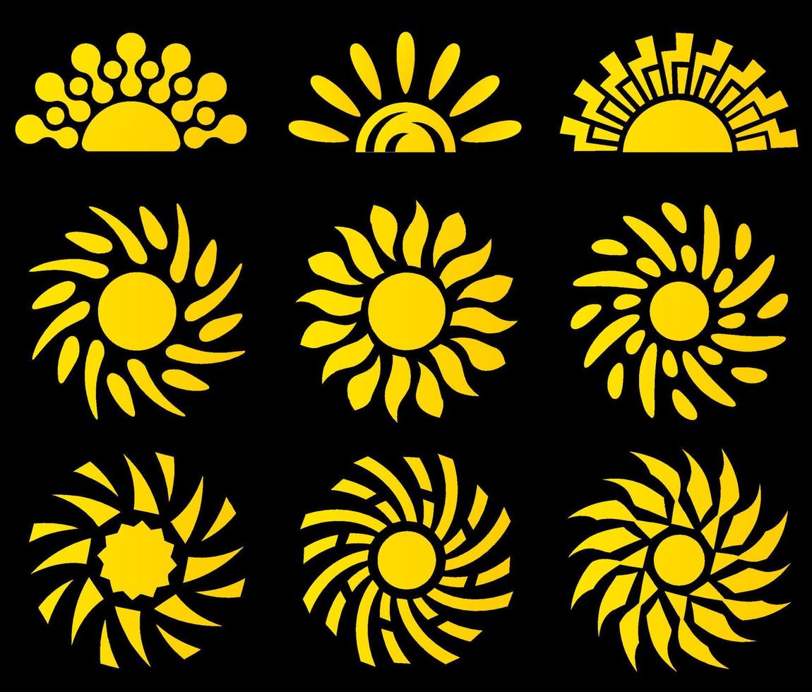 conjunto de iconos de vector de sol, círculo amarillo y colección de logotipos de sol de medio círculo. ilustraciones creativas abstractas para su diseño.