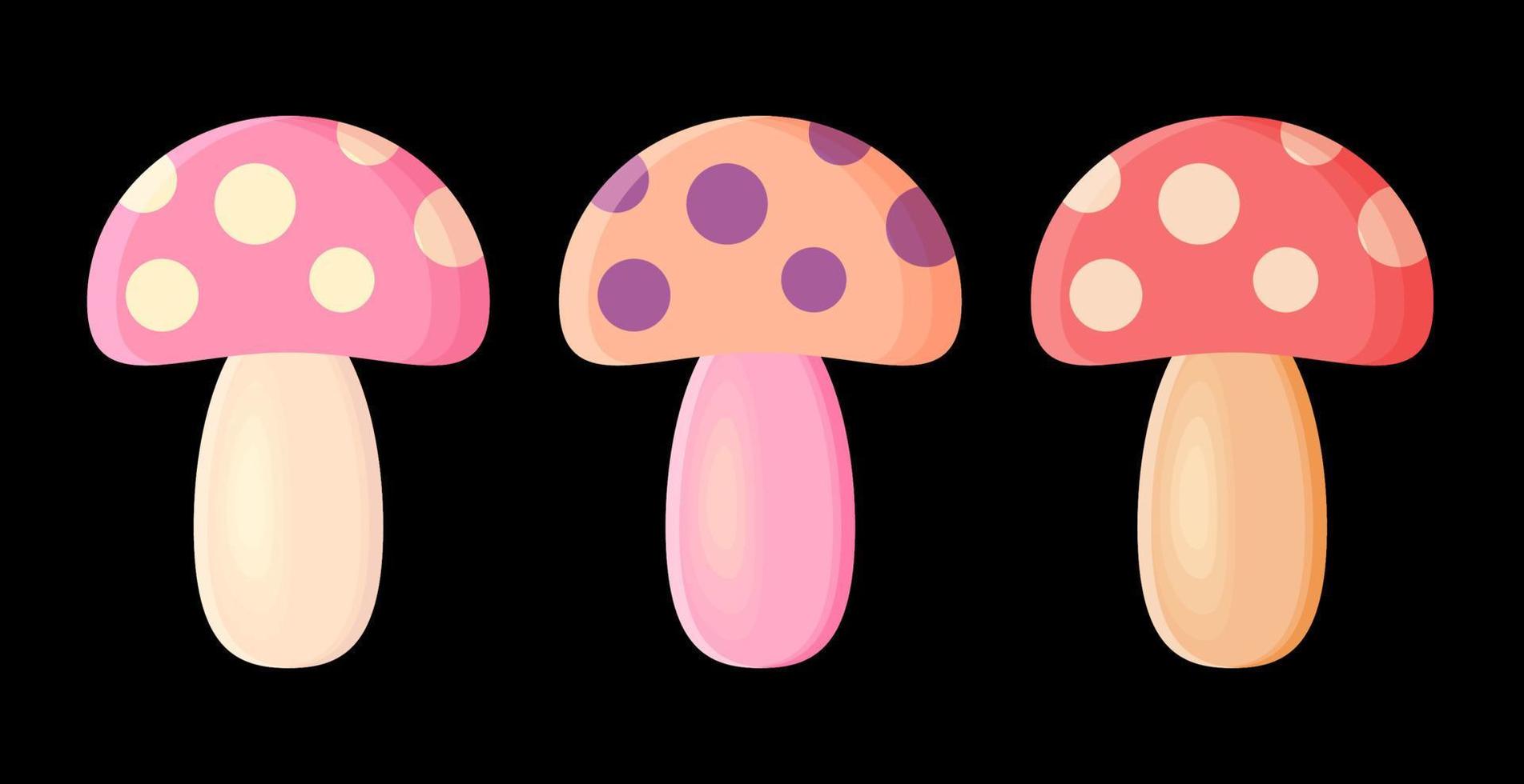 Mushrooms vector illustration set. Collection of colorful dotted mushrooms icons, isolated on a black background.