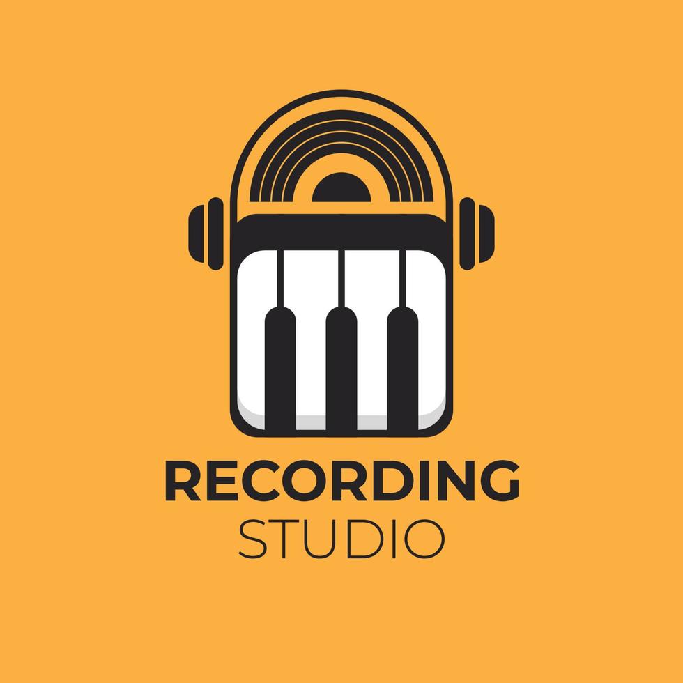 music recording studio logo, with piano and headphones. Vector Illustration