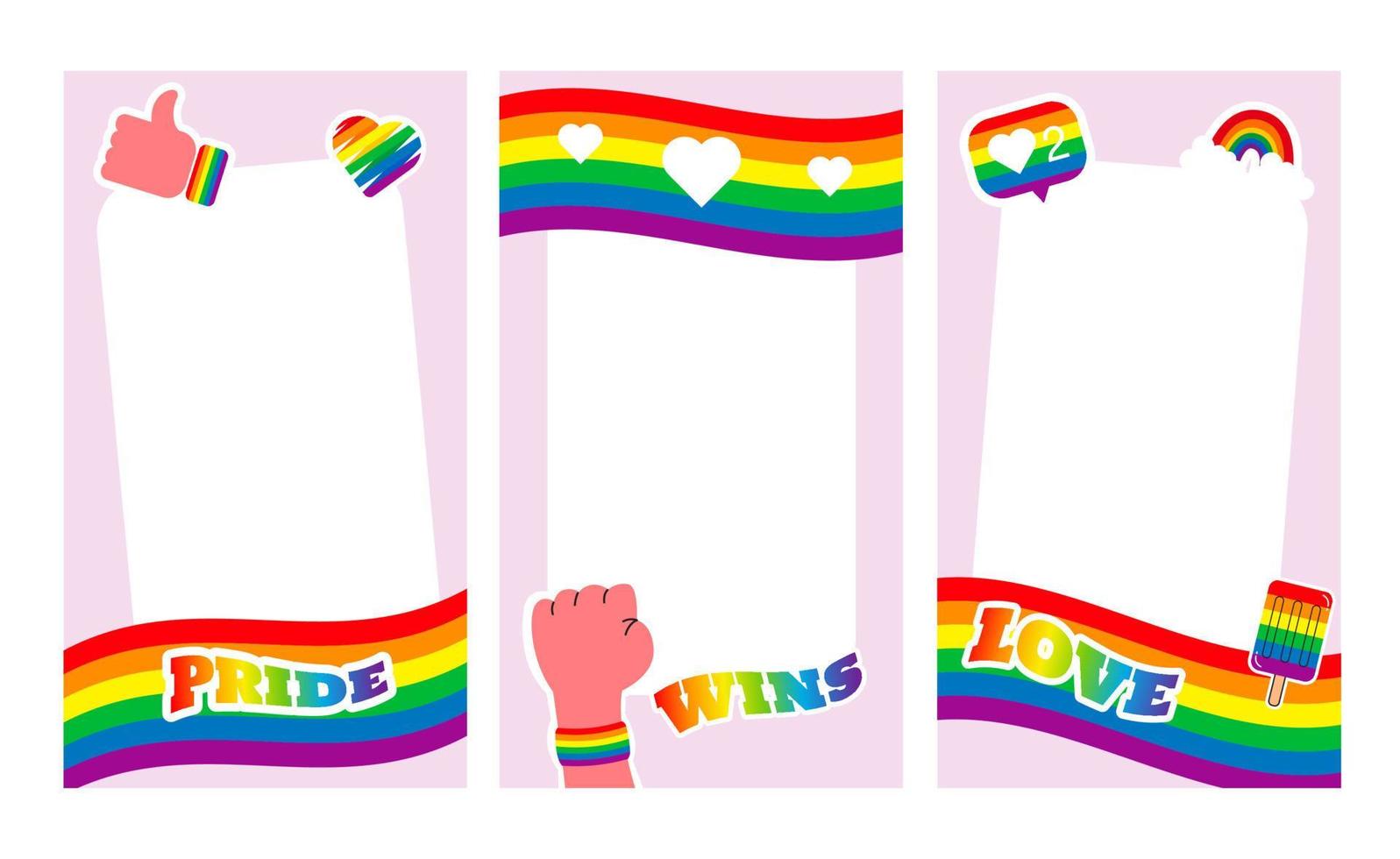 Pride frame stories. LGBT symbols. Love, heart, flag in rainbow colours, Gay, lesbian parade, template Vector  illustration