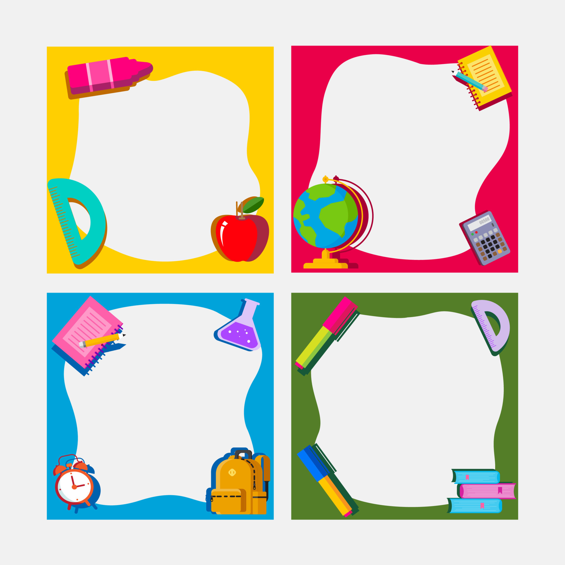back to school, frame square template banner, kids vector illustration