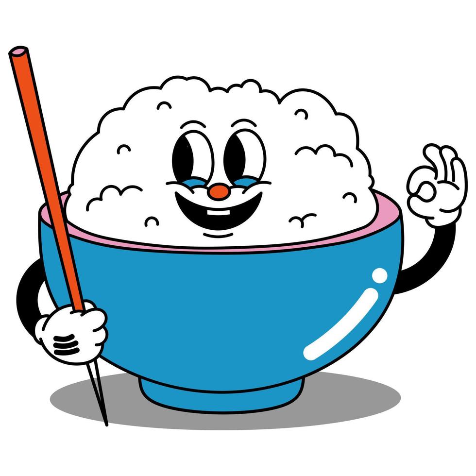 vector illustration of rice cartoon character on a bowl with two chopsticks